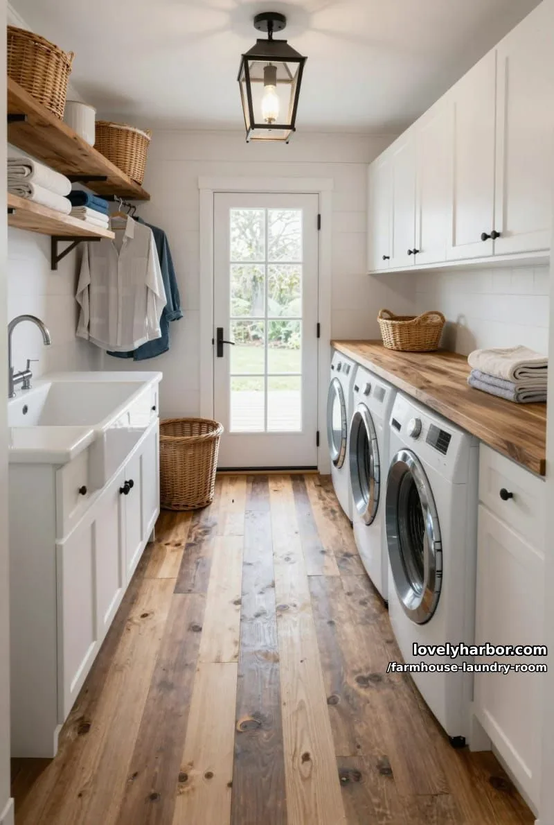 21 Farmhouse Laundry Rooms with Charming Designs 16 narrow laundry room with shiplap, farmhouse sink, and french doors for natural light. 1