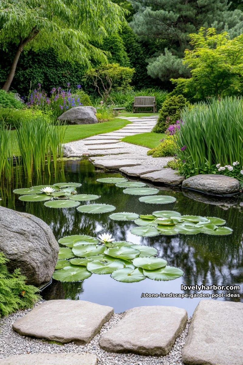 naturalistic pond pool with lily pads, mossy rocks, and aquatic plants 1