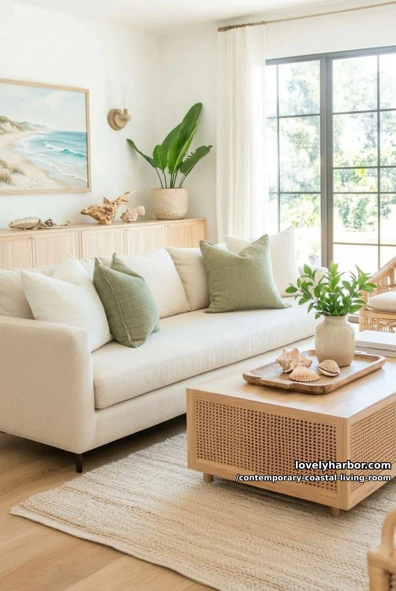 19 Contemporary Coastal Living Rooms With Clean Modern Edge 16 neutral coastal living room with beige sofa, rattan sideboard, and sage accents. 1