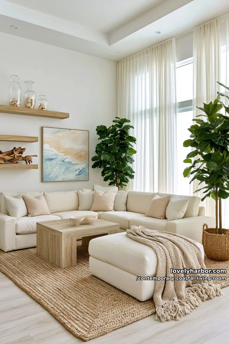 19 Contemporary Coastal Living Rooms With Clean Modern Edge 18 neutral living room, cream sectional, wood coffee table, abstract art, and plants. 1
