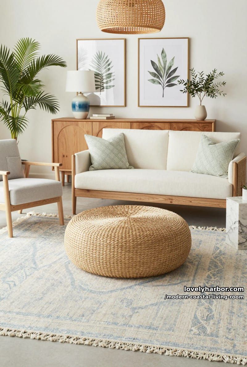 neutral living room with cream sofa, arched credenza, and botanical prints. 1