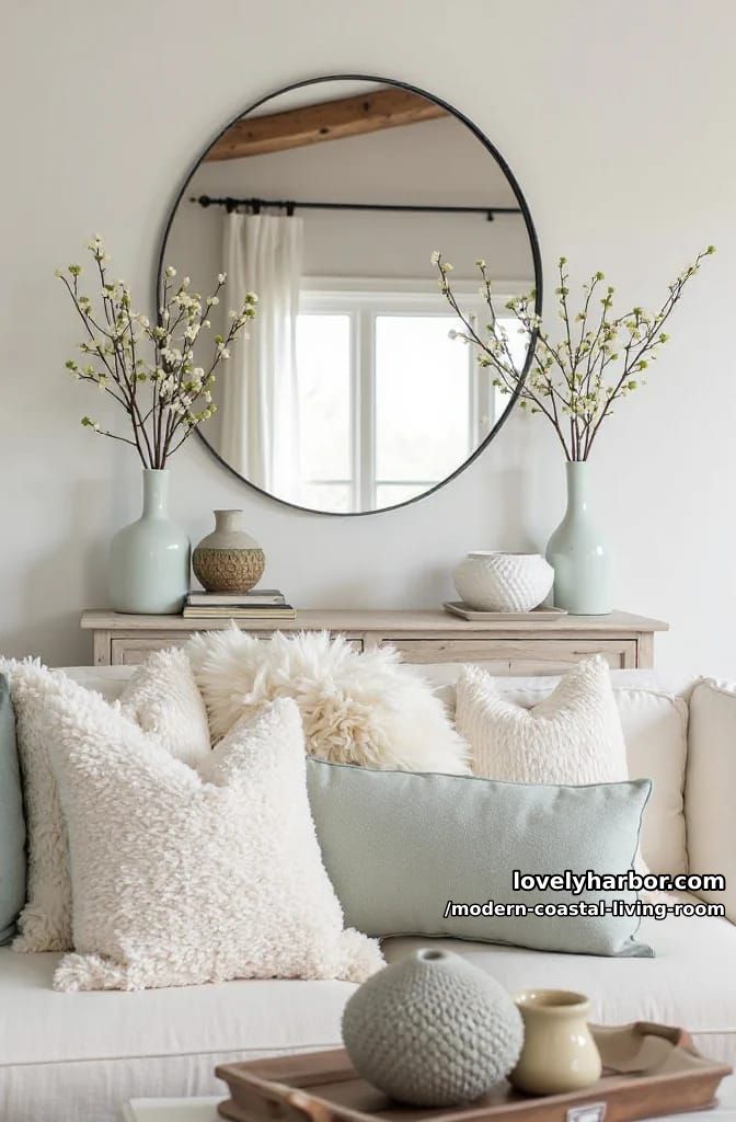 neutral living room with round mirror, wood console, and soft textures. 1