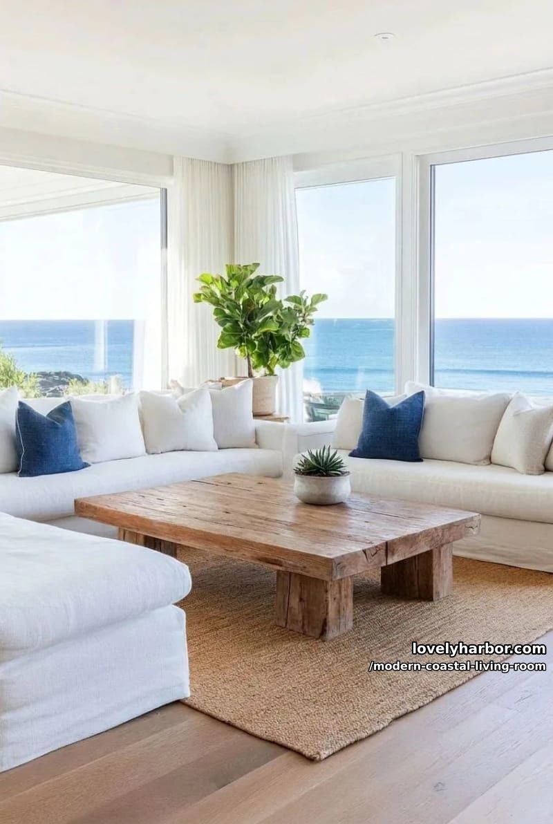 ocean-view living room with white sofas, rustic coffee table, and plants. 1