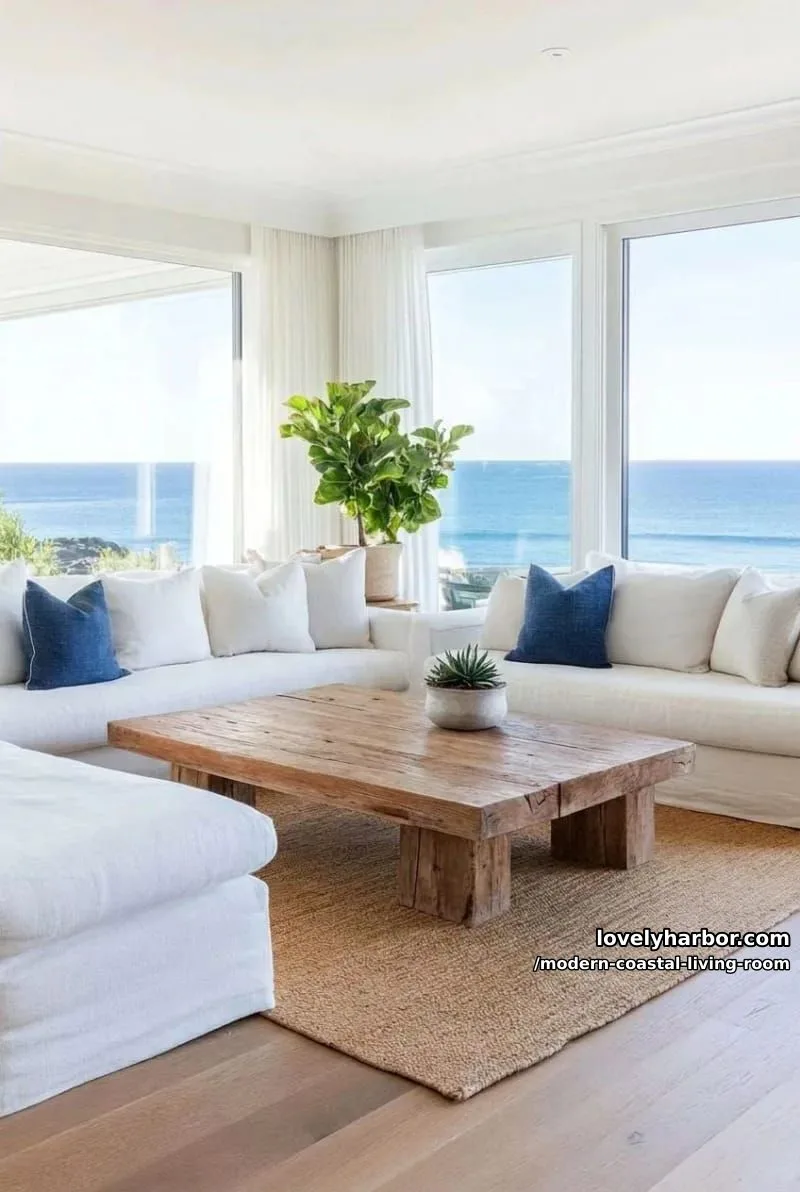 19 Modern Coastal Living Room Ideas With an Airy, Calm Feel 13 ocean-view living room with white sofas, rustic coffee table, and plants. 1