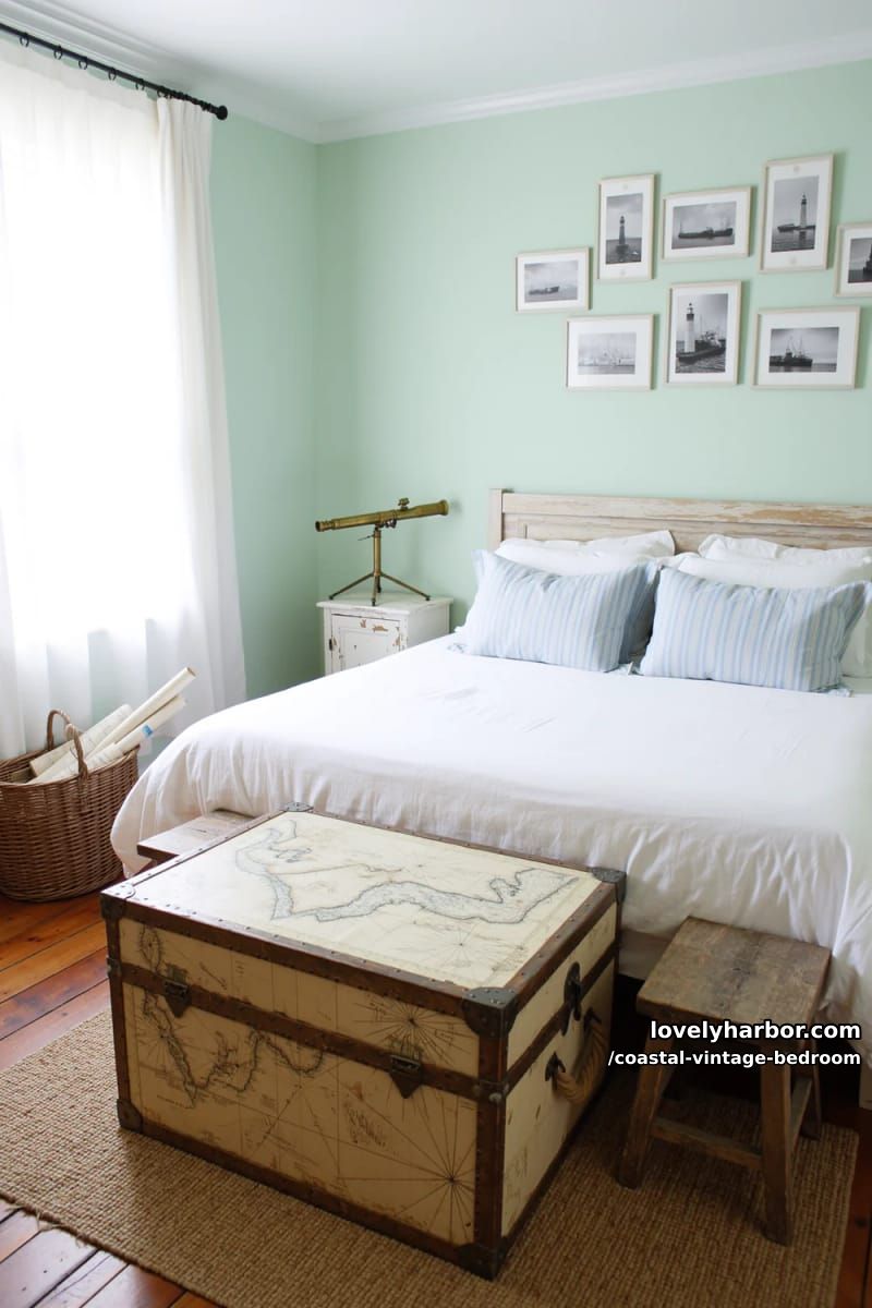 15 Coastal Vintage Bedrooms to Inspire Your Retreat 19 old trunk coffee table at foot of bed with faded nautical maps 1
