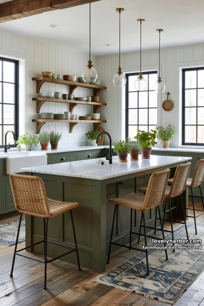 olive green island, marble countertop, black faucet, and tall grid windows. 1