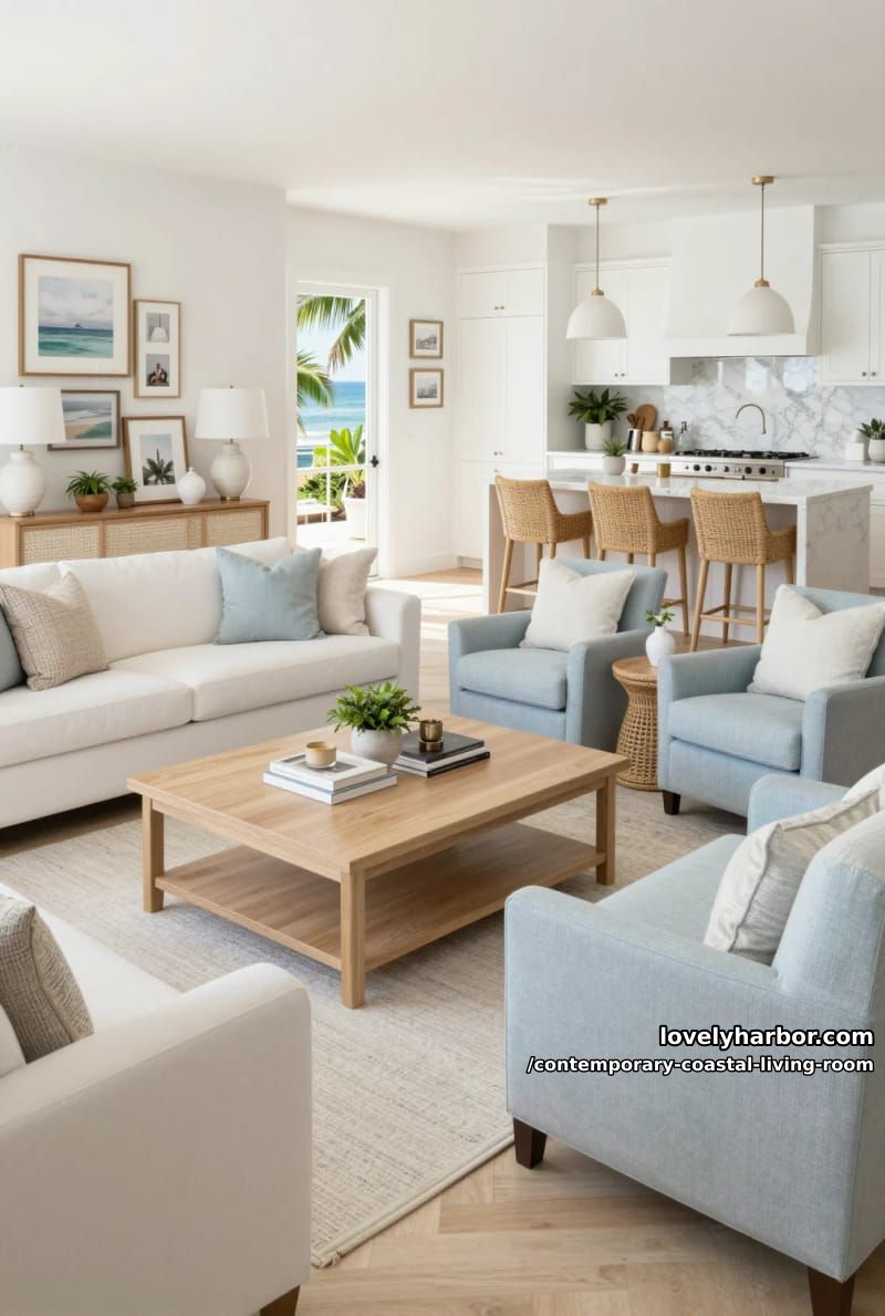 19 Contemporary Coastal Living Rooms With Clean Modern Edge 8 open coastal living room and kitchen, white sofa, blue armchairs, and rattan accents. 1