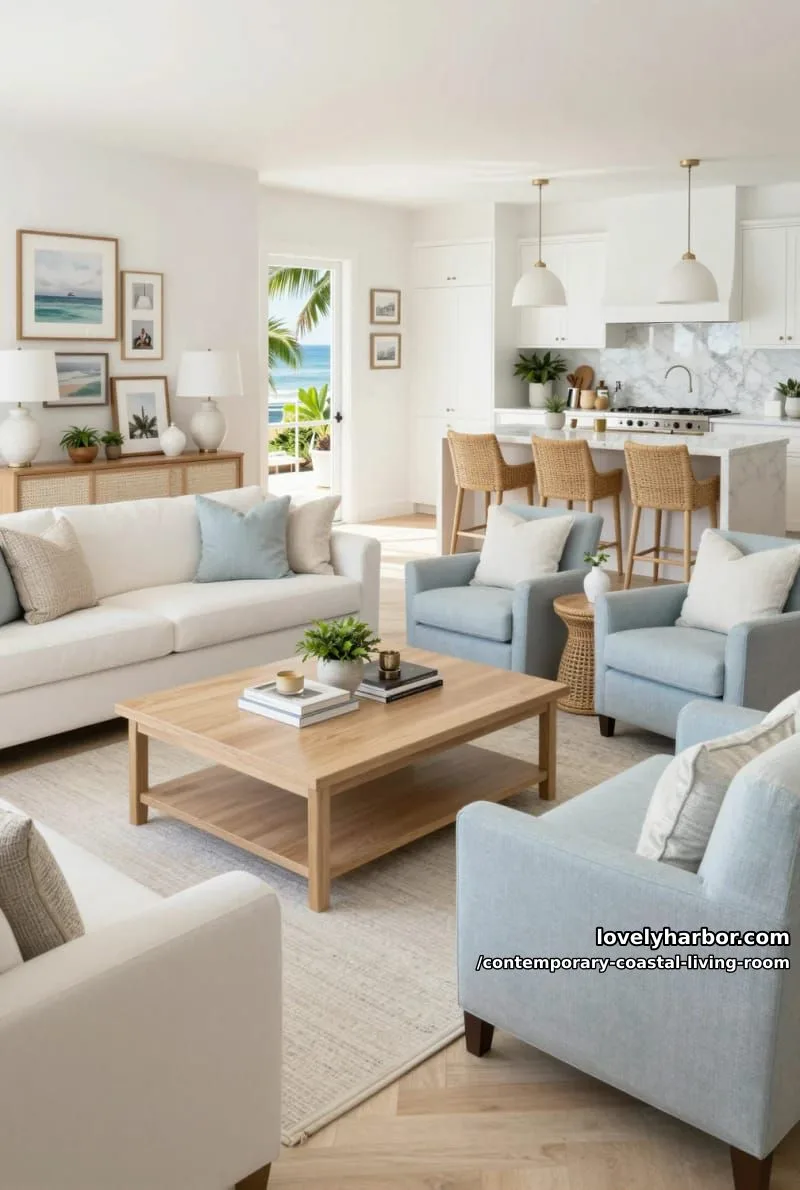 open coastal living room and kitchen, white sofa, blue armchairs, and rattan accents. 1