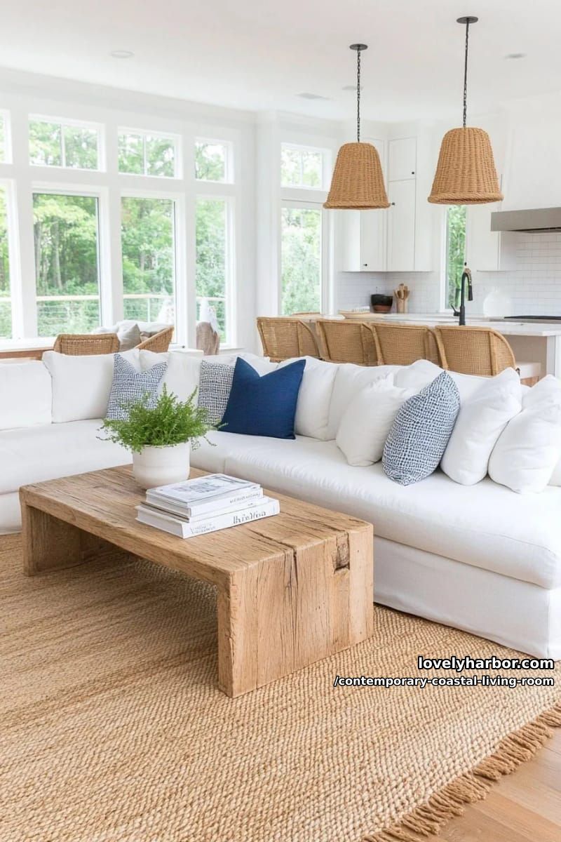 19 Contemporary Coastal Living Rooms With Clean Modern Edge 11 open-concept living and kitchen, white sectional, rustic wood coffee table, jute rug. 1