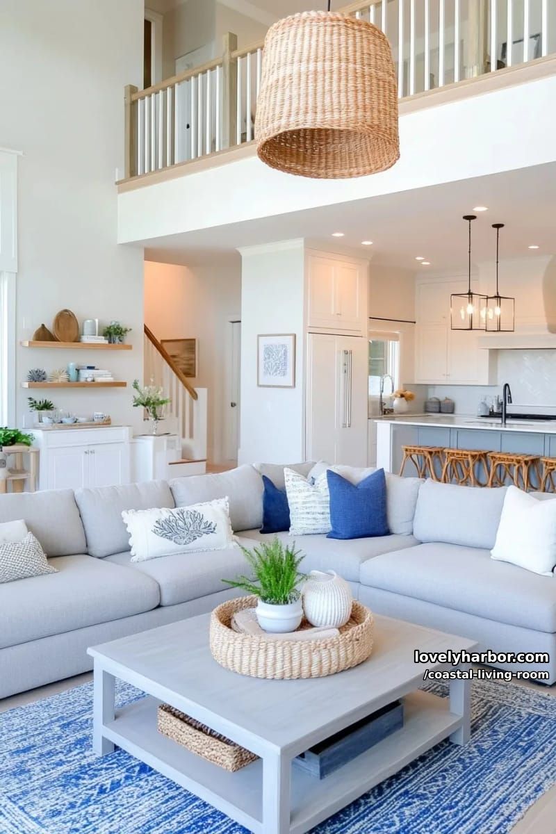 open-concept living and kitchen with gray sectional and blue rug accents. 1