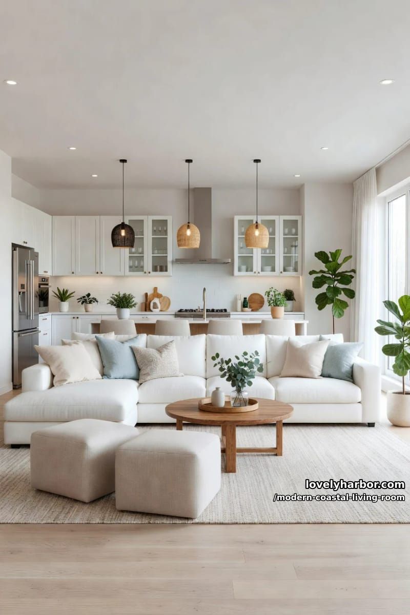 open-concept living room and kitchen with white sectional and greenery. 1