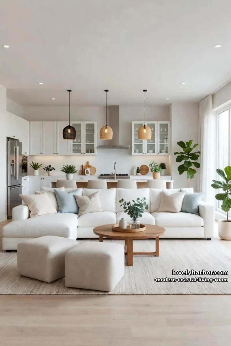 19 Modern Coastal Living Room Ideas With an Airy, Calm Feel 8 open-concept living room and kitchen with white sectional and greenery. 1
