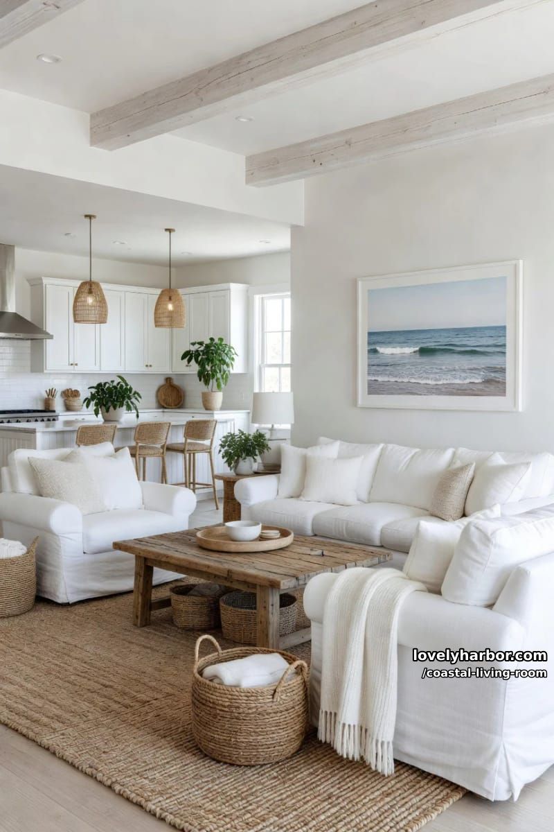 open-plan coastal living room with slipcovered sofas, jute rug, and seagrass baskets. 1