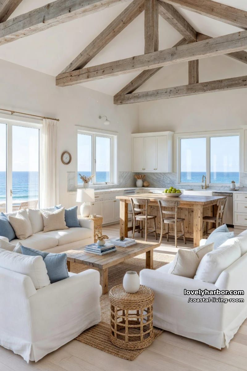 open-plan living and kitchen with ocean views and exposed wooden beams. 1