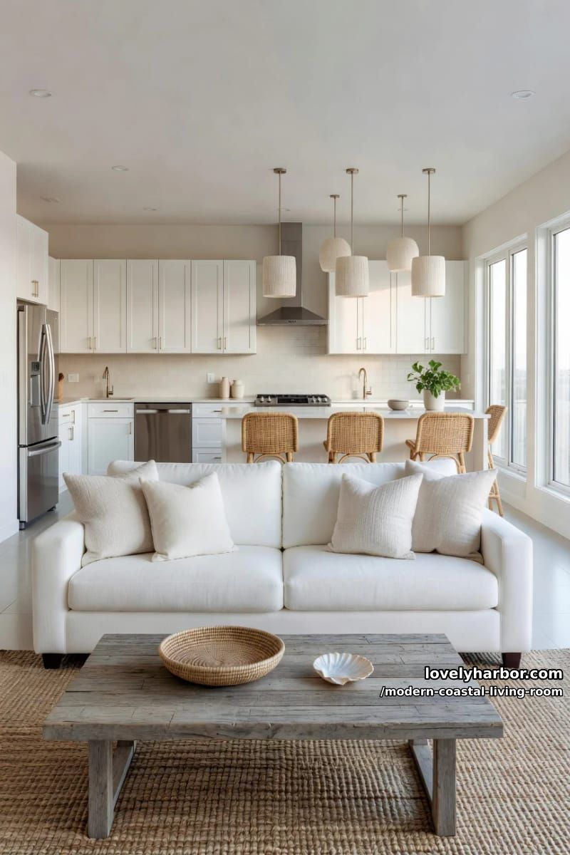 open-plan living room and kitchen with jute rug and rustic table. 1