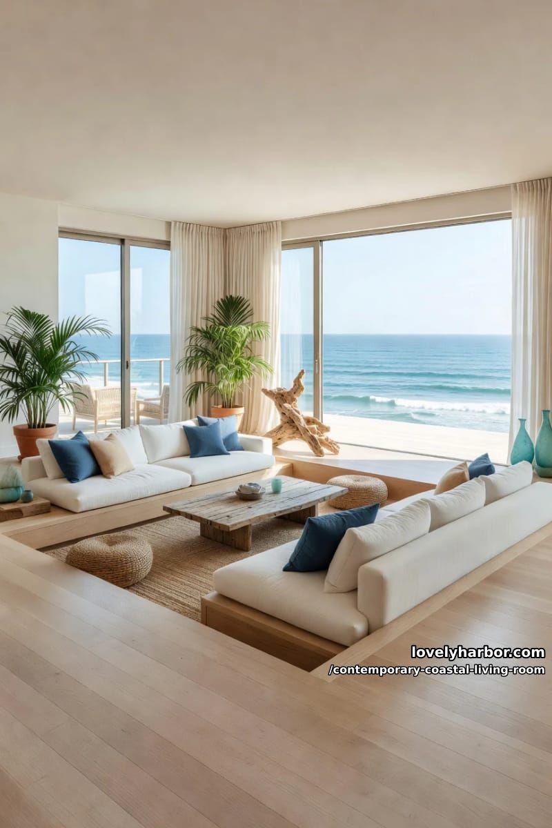 19 Contemporary Coastal Living Rooms With Clean Modern Edge 19 open-plan living room with ocean terrace, modular sofa, and sunken seating area. 1
