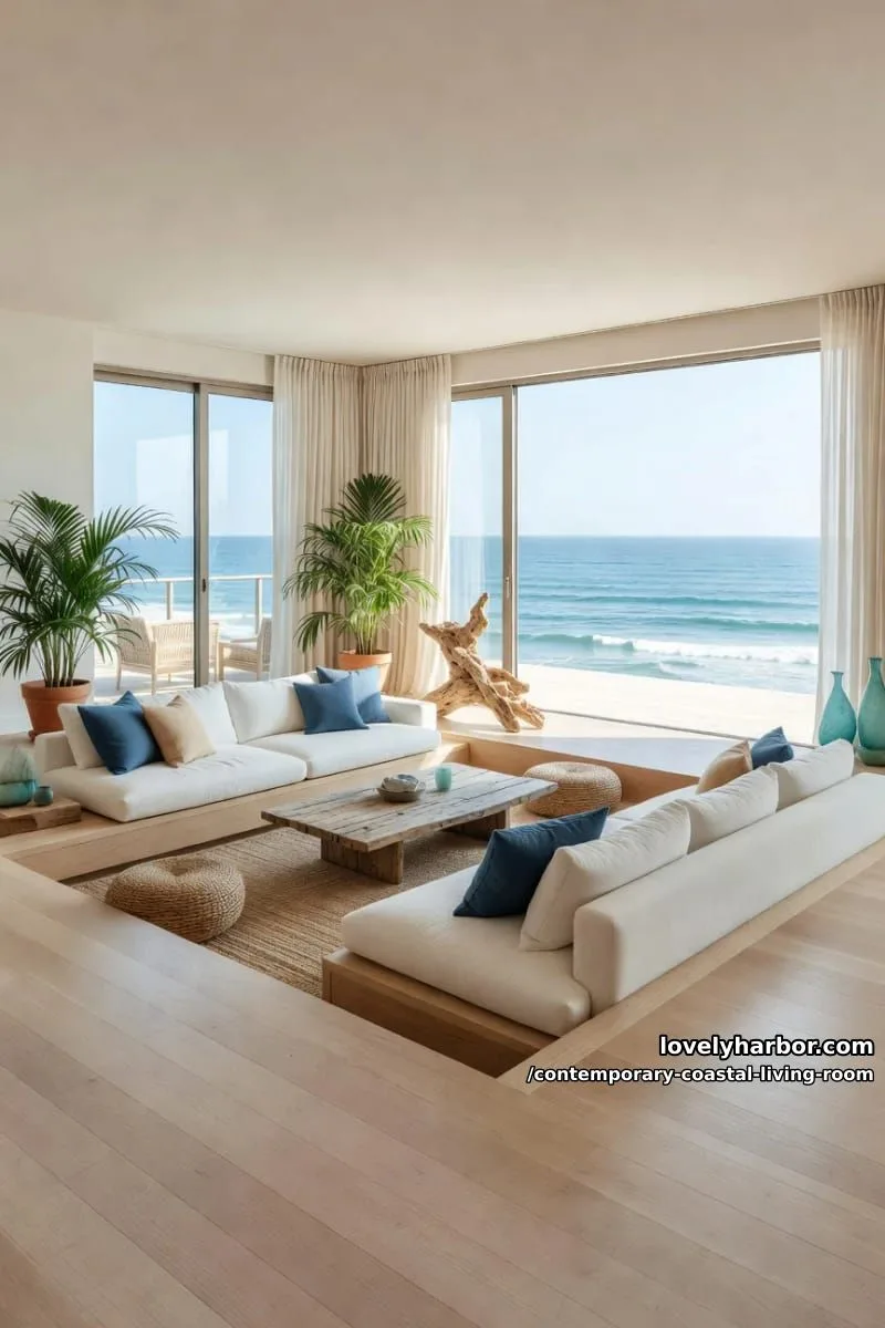 open-plan living room with ocean terrace, modular sofa, and sunken seating area. 1