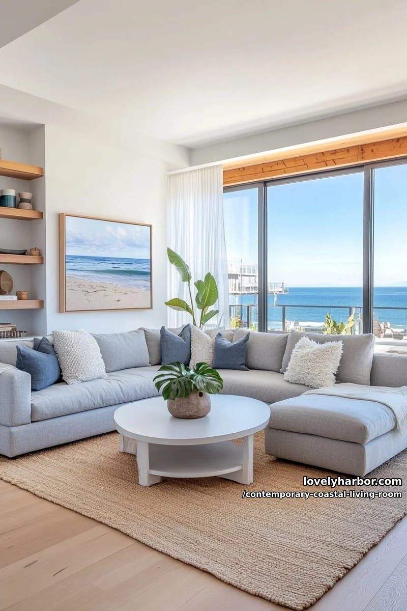 open-plan living room with ocean view, gray sectional, and minimal decor. 4