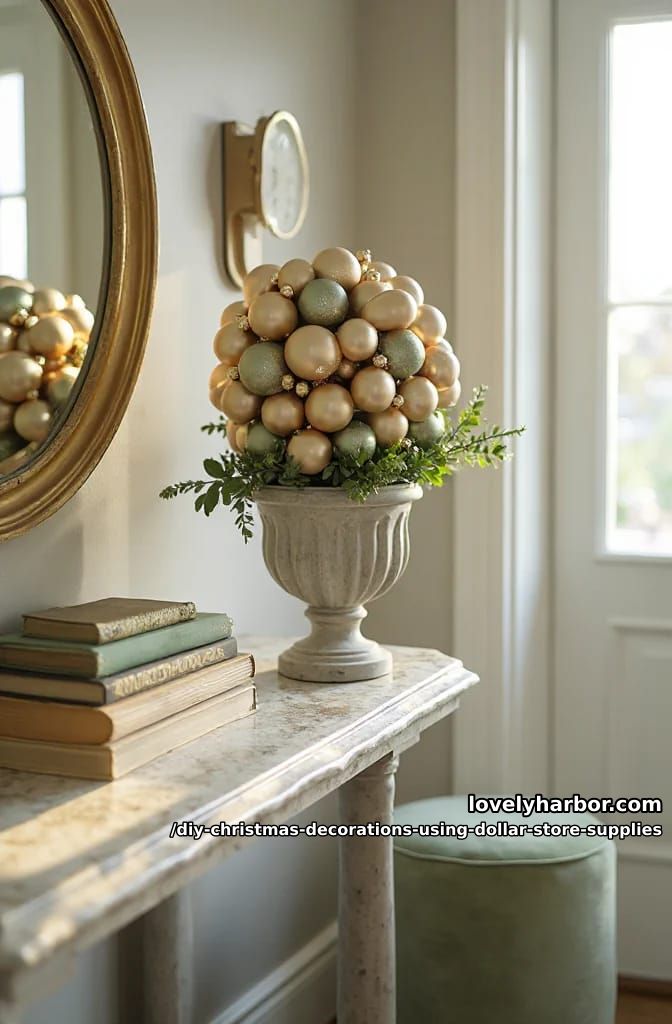 12 DIY Christmas Decorations Using Dollar Store Supplies That Don't Read Cheap 17 ornament topiary in a thrifted urn 1