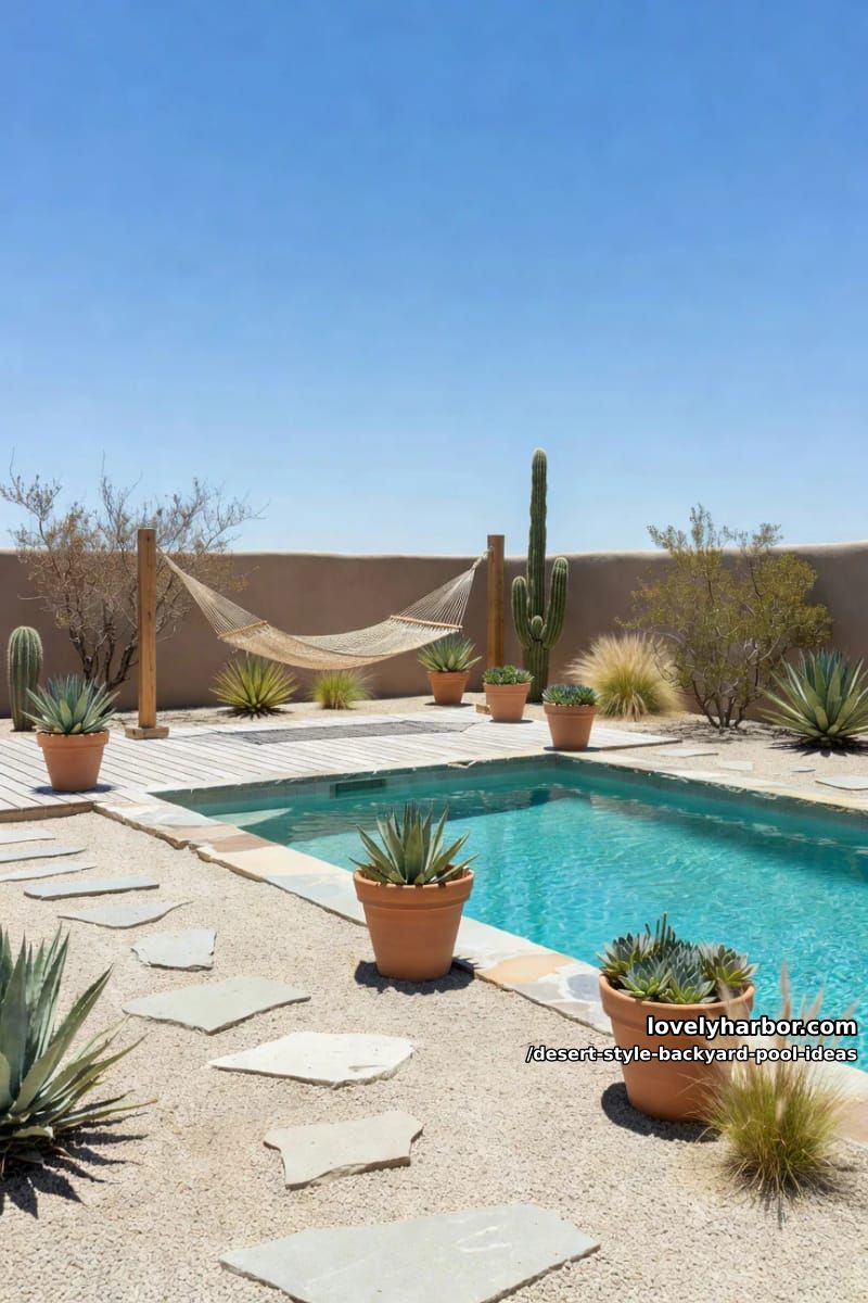 outdoor lounge deck with woven hammock and oversized clay planters 1