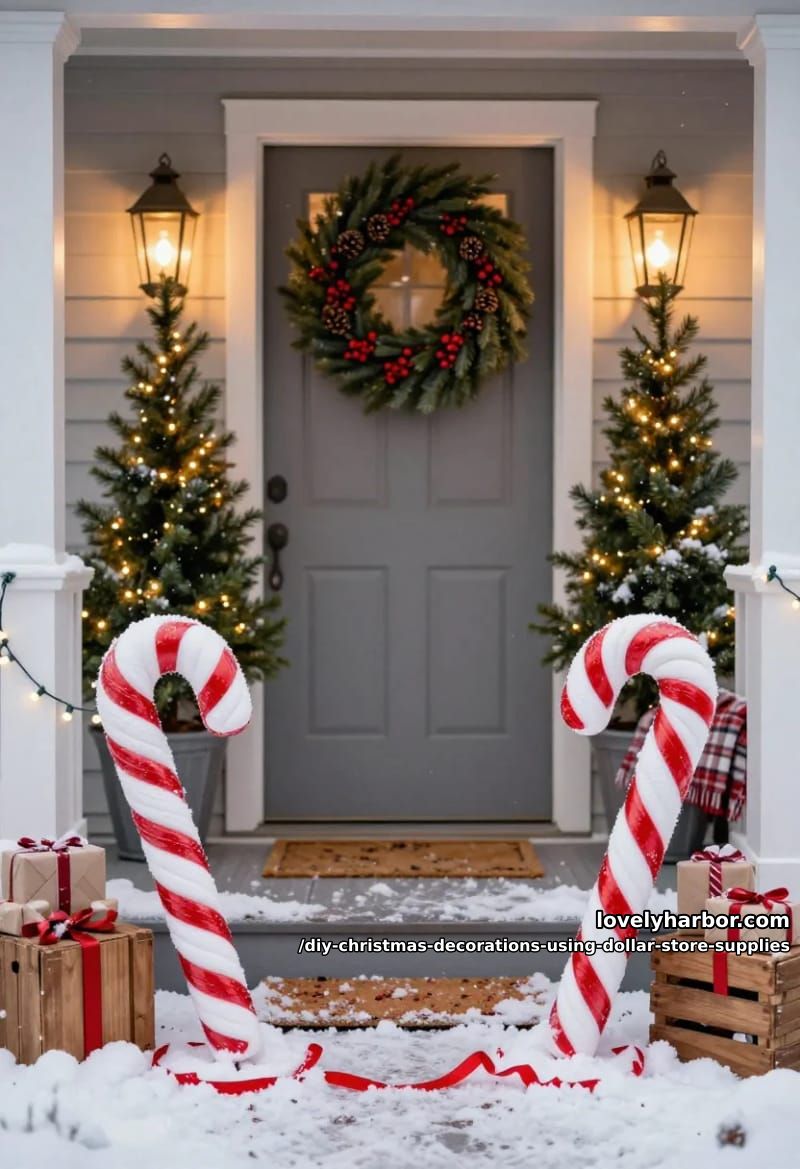 12 DIY Christmas Decorations Using Dollar Store Supplies That Don't Read Cheap 13 oversized pool noodle candy canes for the porch 1