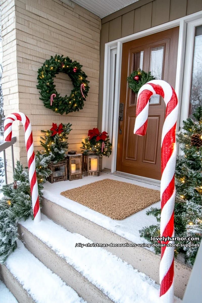 12 DIY Christmas Decorations Using Dollar Store Supplies That Don't Read Cheap 14 oversized pool noodle candy canes for the porch 1