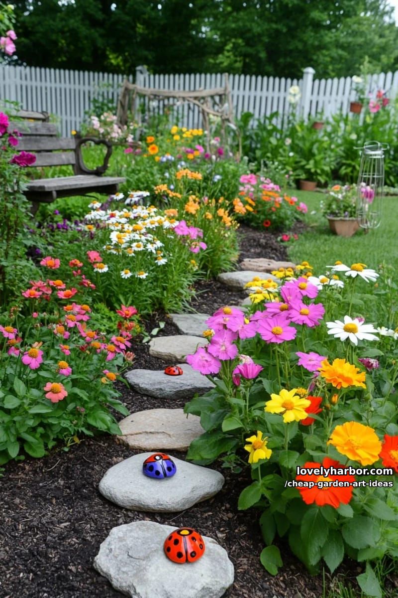 painted ladybug rocks in lively colors among garden flowers and foliage. 1