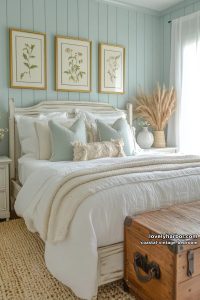 15 Coastal Vintage Bedrooms to Inspire Your Retreat 1 pale aqua paneled walls paired with retro botanical prints 7
