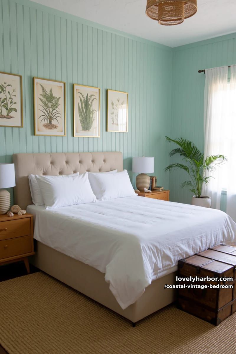 15 Coastal Vintage Bedrooms to Inspire Your Retreat 9 pale aqua paneled walls paired with retro botanical prints 1