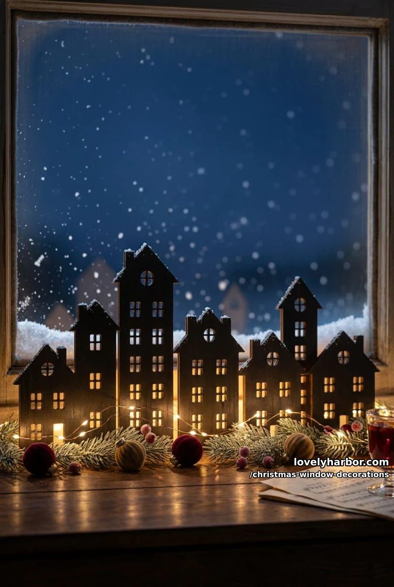 Christmas Window Decorations: 12 Ideas for Glow That Reads From the Street and the Sofa 17 paper or wood village silhouettes lined up on the sill 1