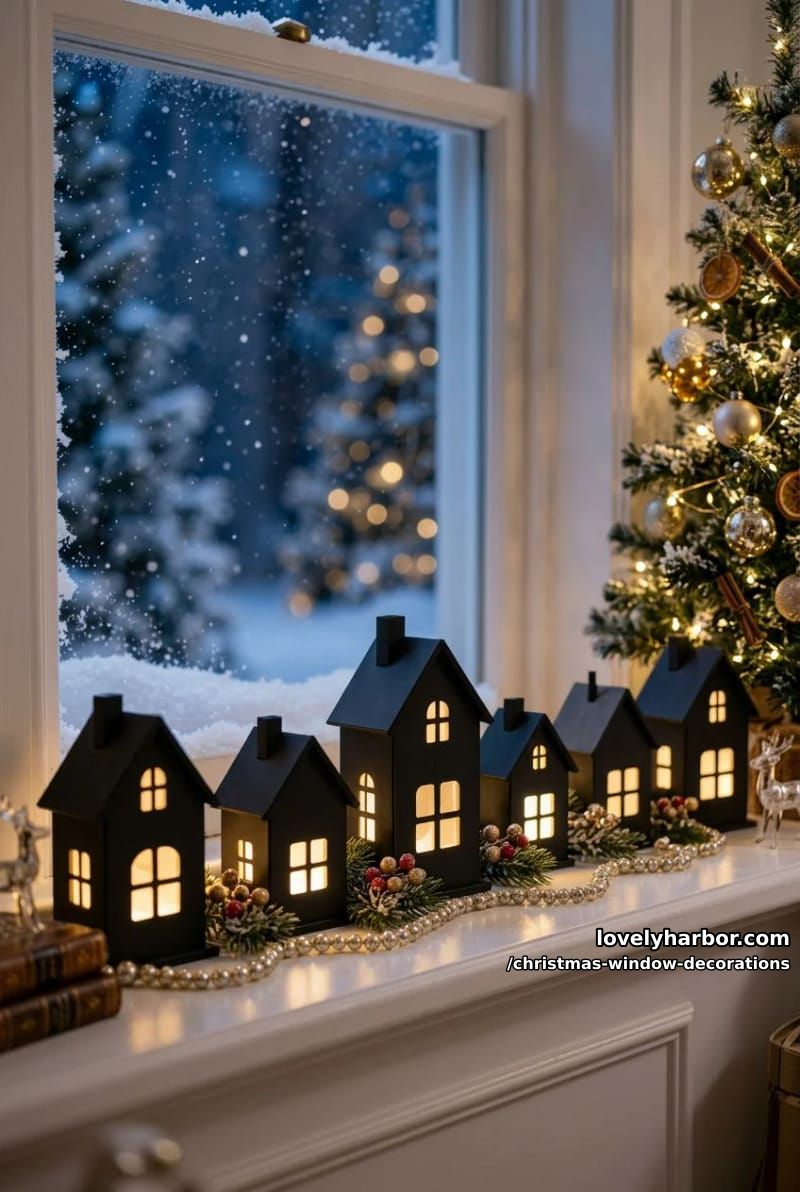 Christmas Window Decorations: 12 Ideas for Glow That Reads From the Street and the Sofa 18 paper or wood village silhouettes lined up on the sill 1