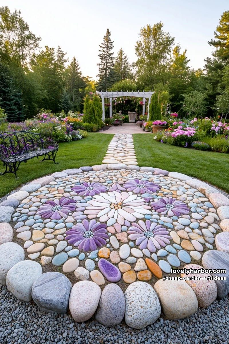 pastel stone flower patterns arranged inside a stone-bordered garden bed. 1
