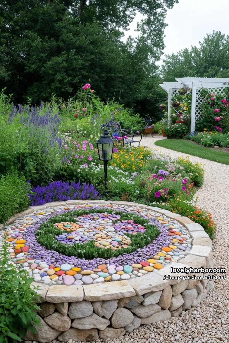 pastel stone flower patterns arranged inside a stone-bordered garden bed. 1