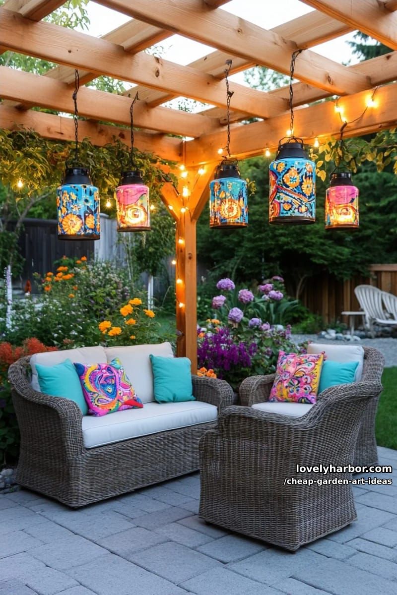 patio with pergola, string lights, and colorful tin can lanterns. 1
