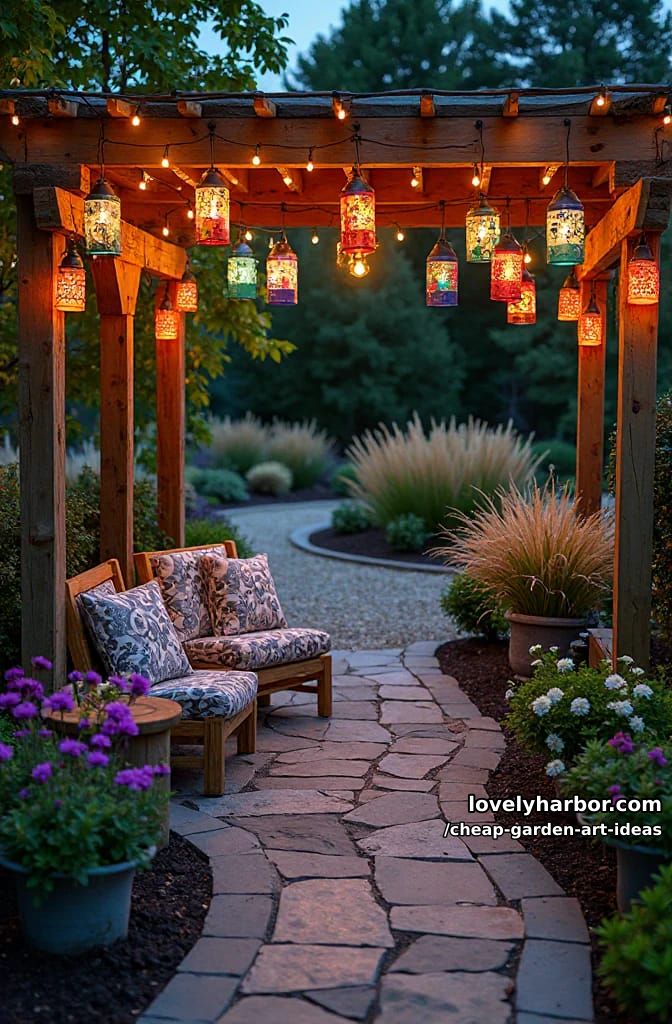 patio with pergola, string lights, and colorful tin can lanterns. 1