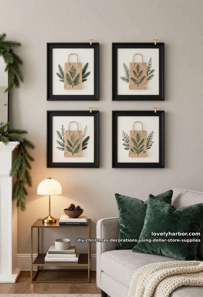 12 DIY Christmas Decorations Using Dollar Store Supplies That Don't Read Cheap 21 picture frame and gift bag wall art 1