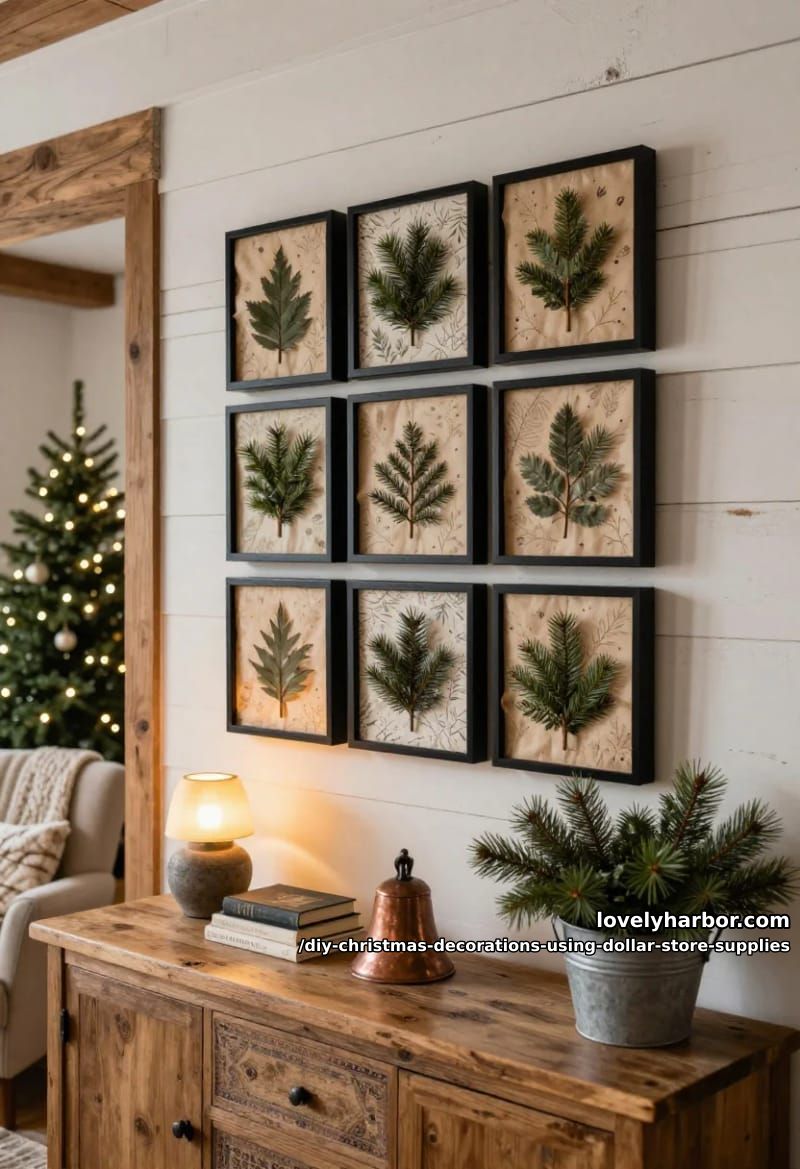 12 DIY Christmas Decorations Using Dollar Store Supplies That Don't Read Cheap 22 picture frame and gift bag wall art 1