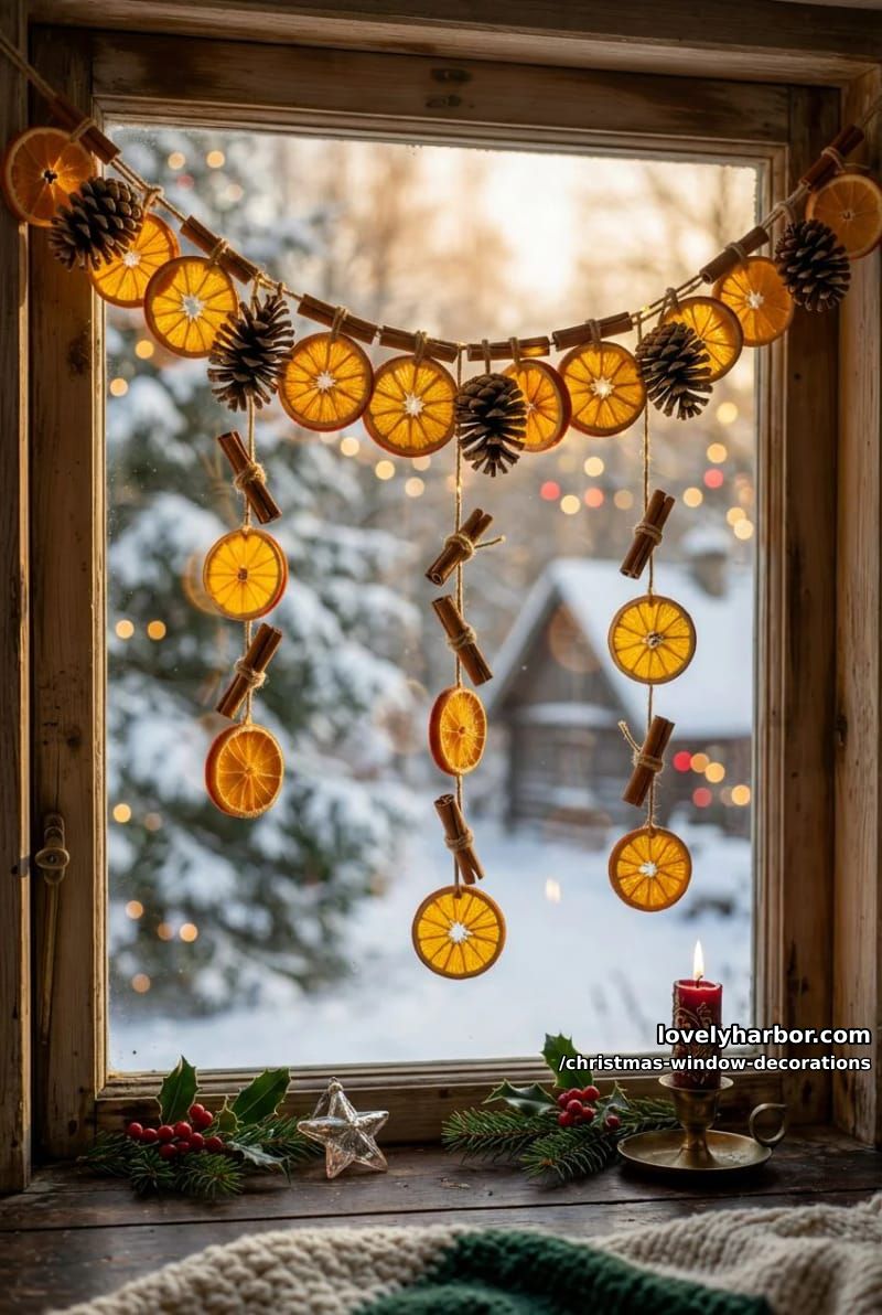 Christmas Window Decorations: 12 Ideas for Glow That Reads From the Street and the Sofa 19 pinecone and dried-orange garland strung across the opening 1