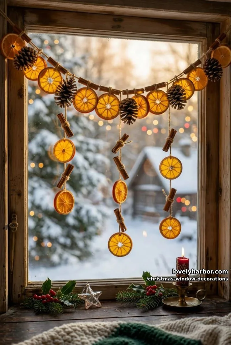 pinecone and dried-orange garland strung across the opening 1