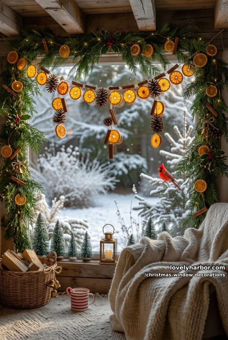 Christmas Window Decorations: 12 Ideas for Glow That Reads From the Street and the Sofa 20 pinecone and dried-orange garland strung across the opening 1