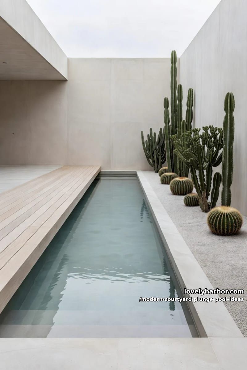 plunge pool flanked by a floating wooden deck and sculptural cactus collection 1