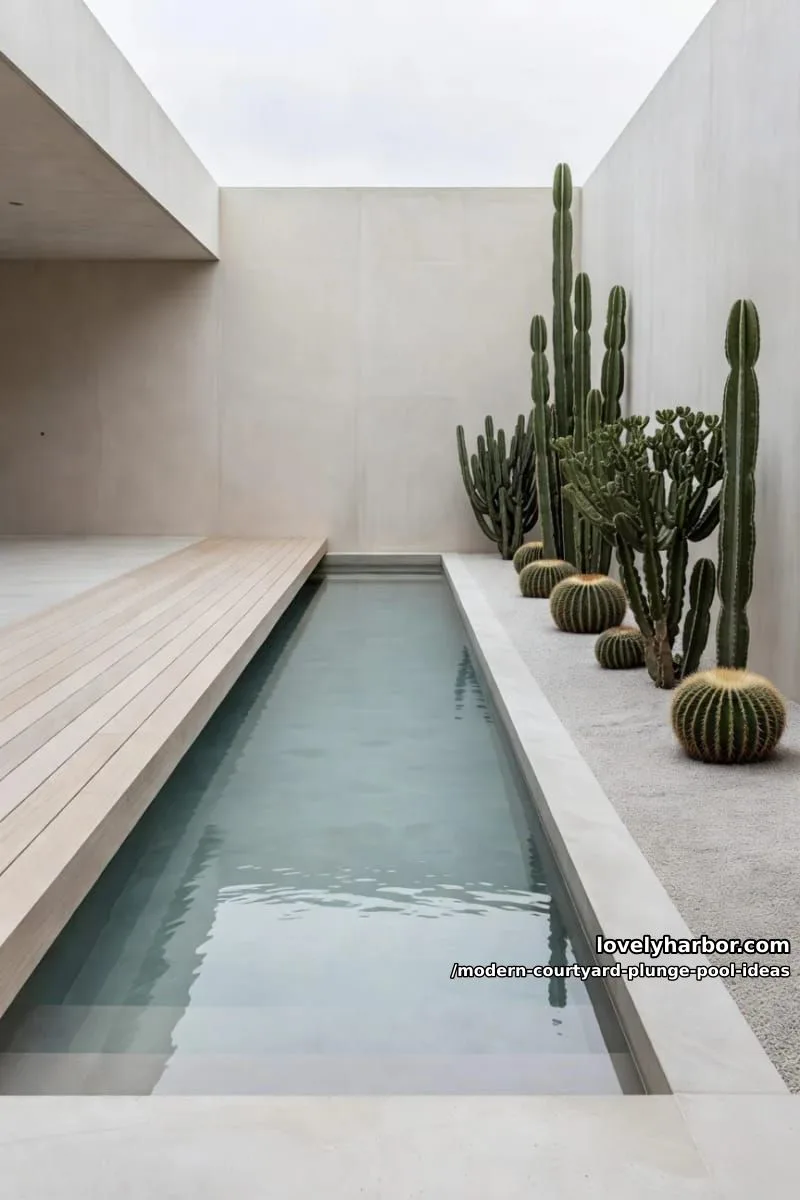 plunge pool flanked by a floating wooden deck and sculptural cactus collection 1