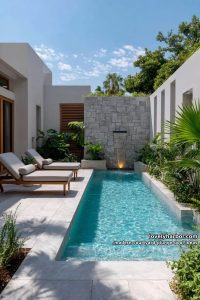 plunge pool with a waterfall feature cascading from a textured stone wall 13