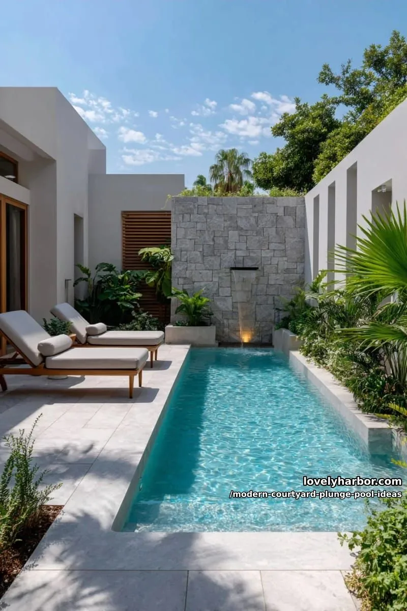 plunge pool with a waterfall feature cascading from a textured stone wall 1