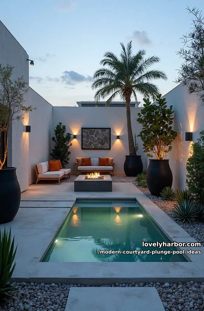 plunge pool with adjacent fire pit lounge and oversized contemporary planters 1