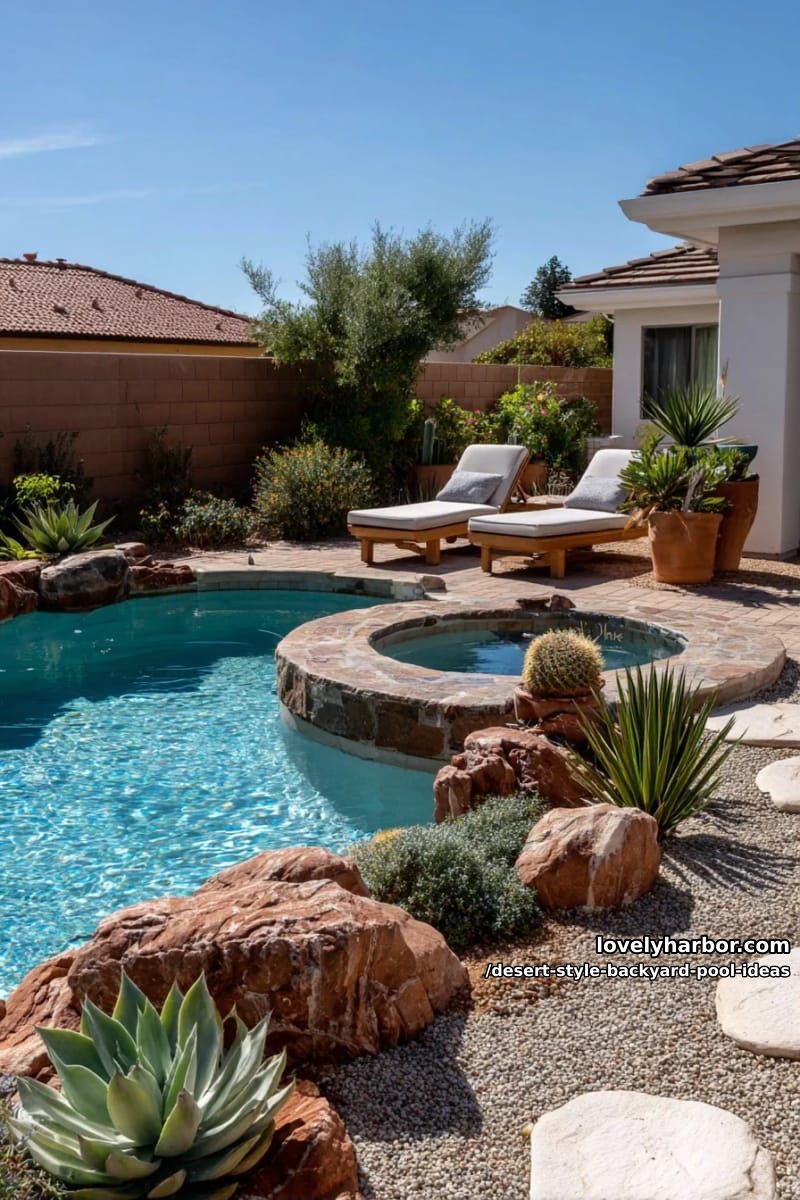 pool with integrated spa, surrounded by red rock and drought-tolerant plants 1