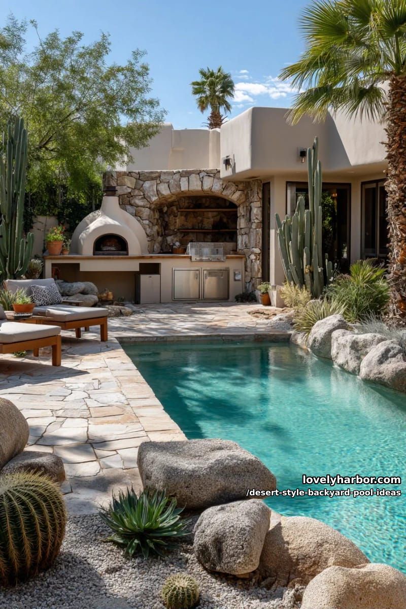 poolside outdoor kitchen with clay pizza oven and low-water landscaping 1