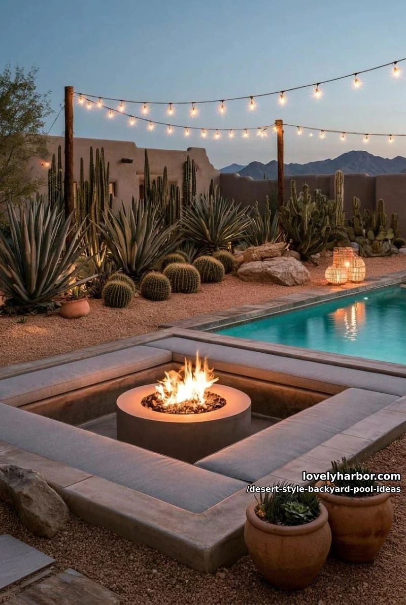 poolside sunken fire pit with gravel landscaping and string lights overhead 1