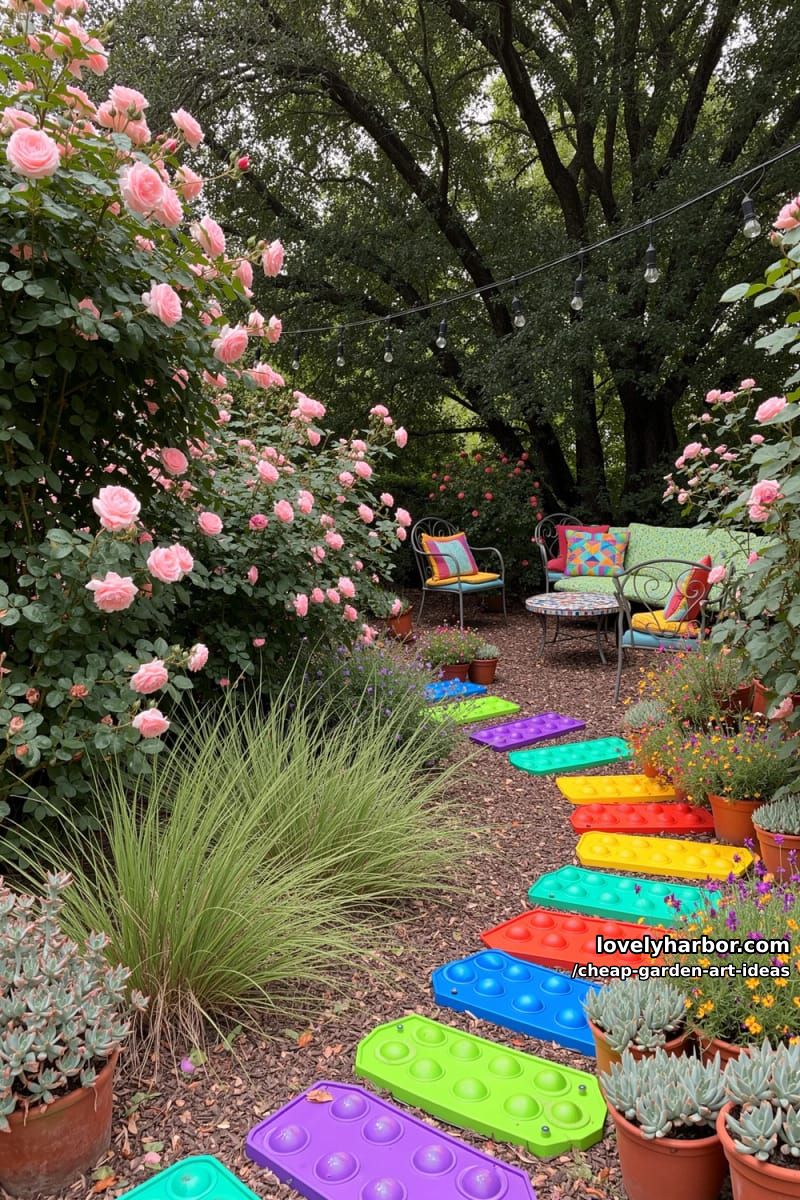 pouring cement into rainbow pop-it mold for unique garden stepping stones. 1
