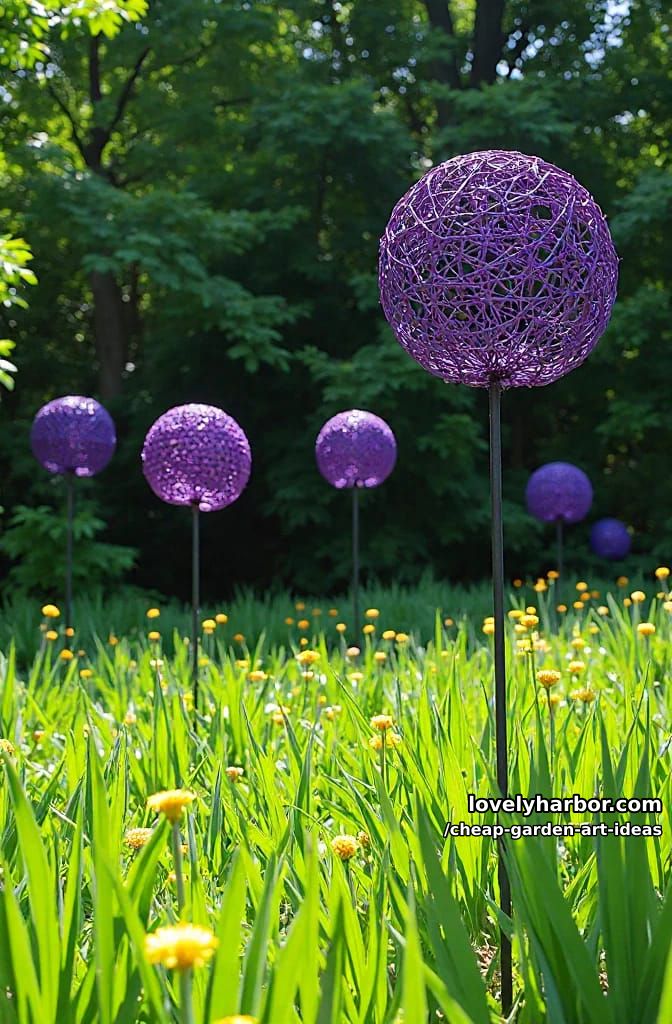 purple chicken wire garden orbs on stems for a whimsical yard accent. 1
